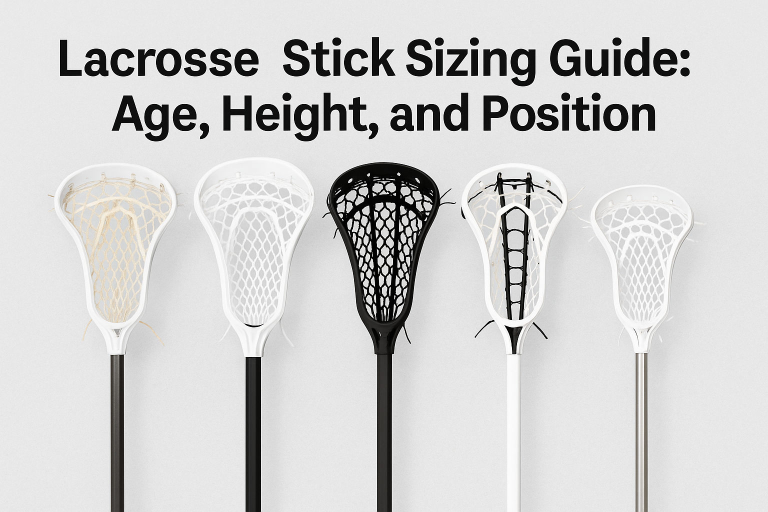 Hero image showing five different lacrosse sticks lined up vertically against a light background, displaying various head shapes and pocket styles, with the title ‘Lacrosse Stick Sizing Guide: Age, Height, and Position’ above them.