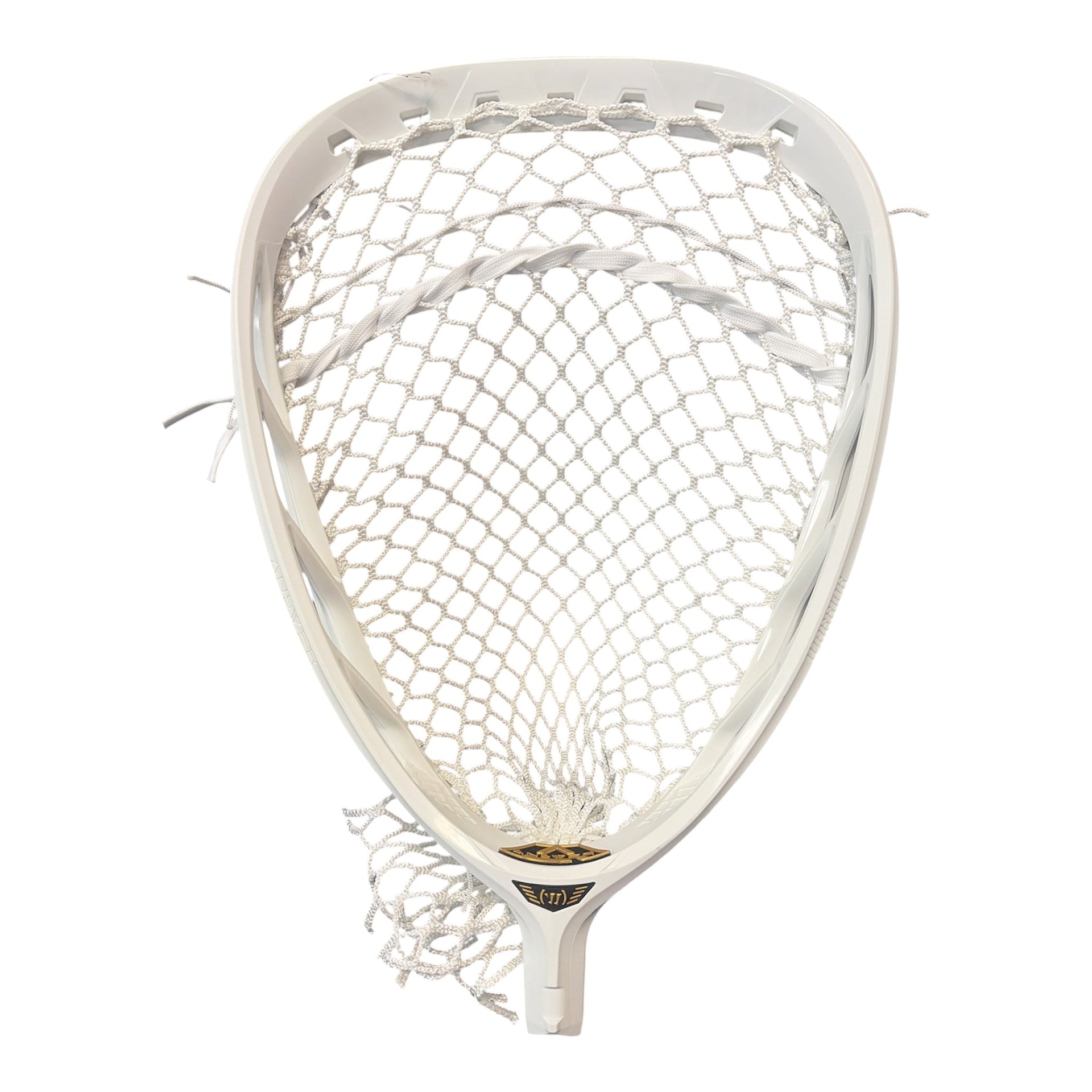Warrior Answer lacrosse goalie head in white, pre-strung with white goalie mesh