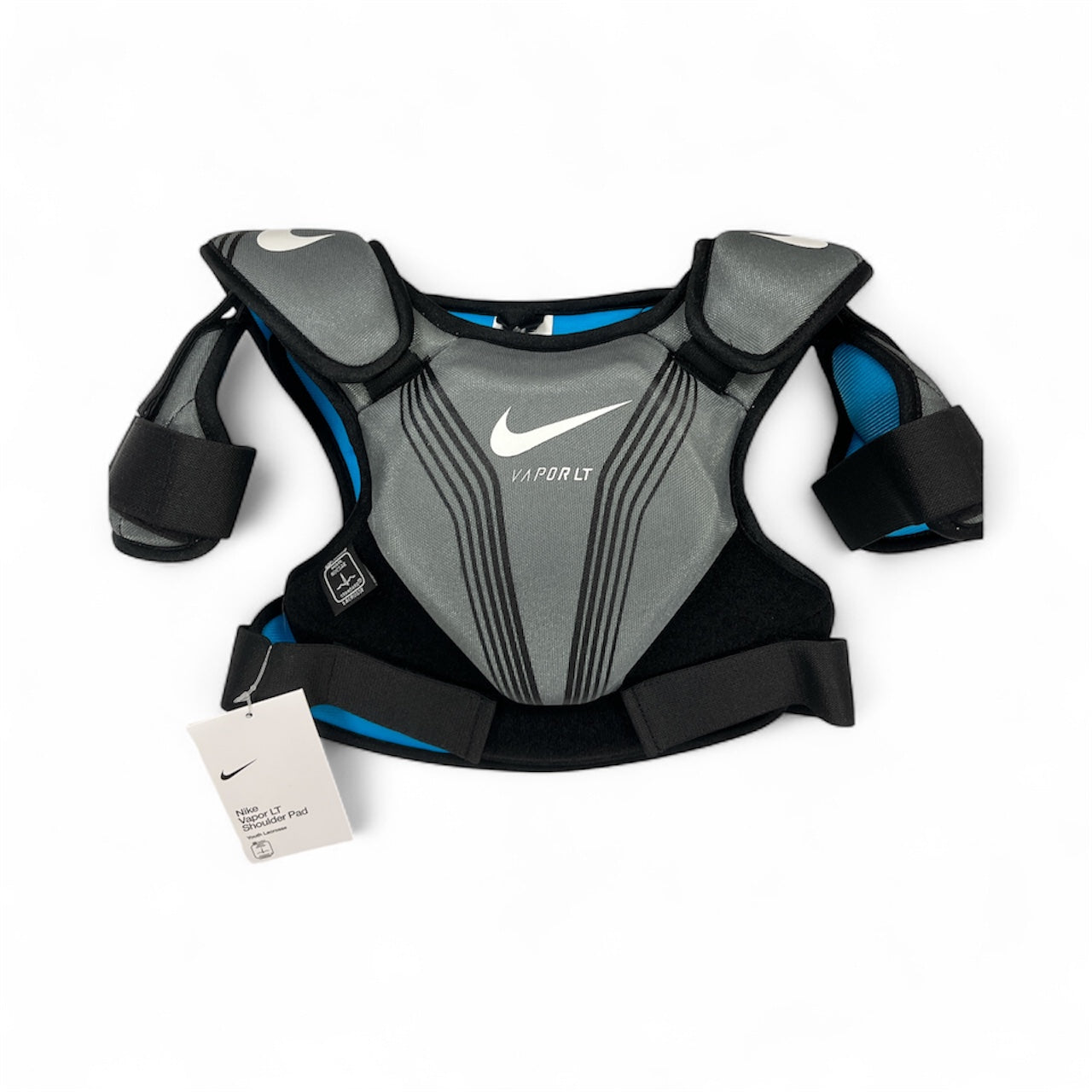 A Sanderson Lacrosse Nike Vapour LT shoulder pad yth in gray and black with blue accents, designed for youth lacrosse protection, is shown on a white background with its tag attached.