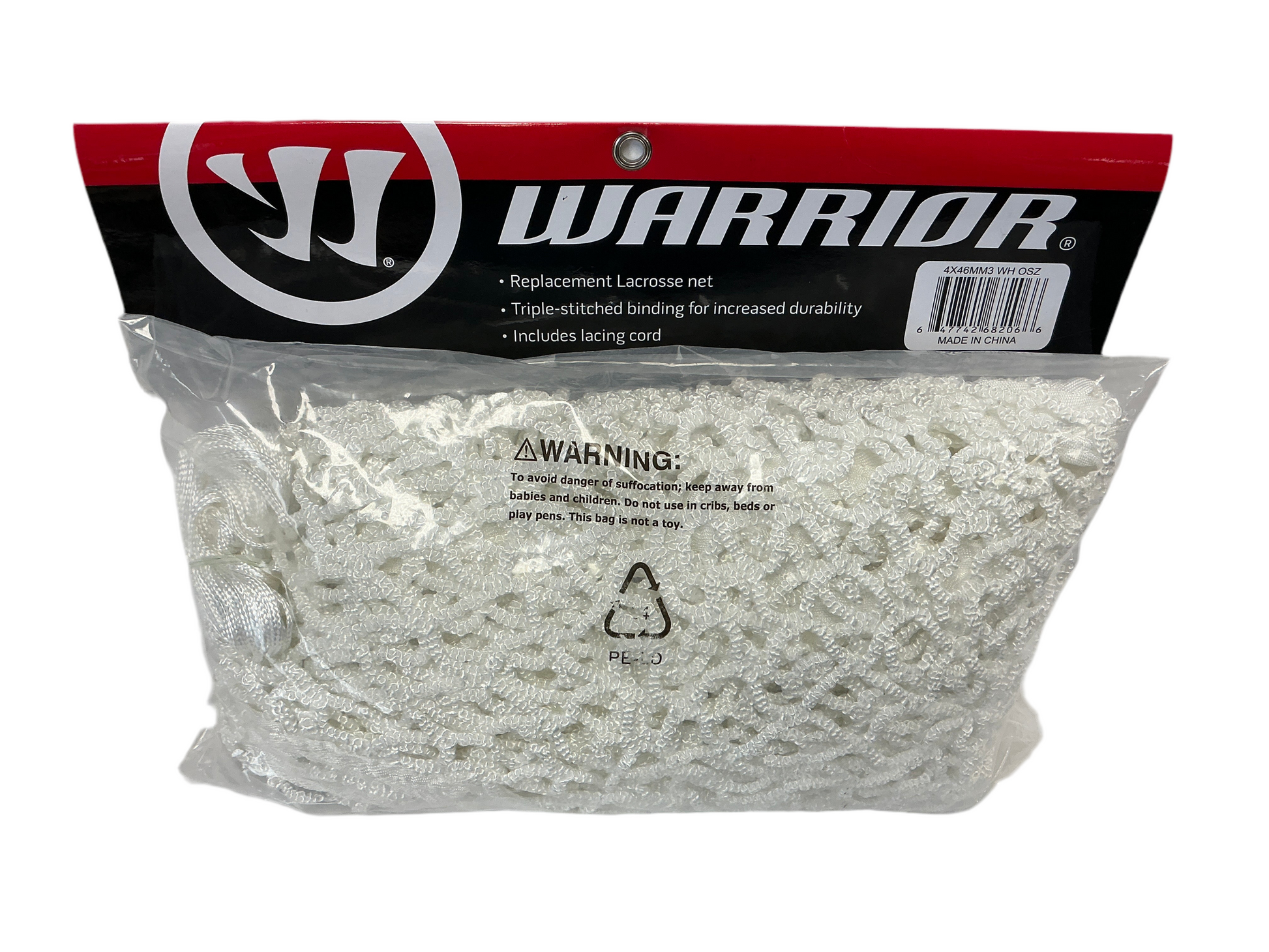 A white 4x4’ 6mm replacement lacrosse net by Sanderson Lacrosse is visible through clear packaging, featuring durable triple-stitched binding and a label highlighting the Warrior Replacement Lacrosse Net product details.
