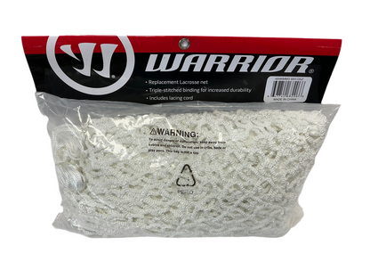 A white 4x4’ 6mm replacement lacrosse net by Sanderson Lacrosse is visible through clear packaging, featuring durable triple-stitched binding and a label highlighting the Warrior Replacement Lacrosse Net product details.