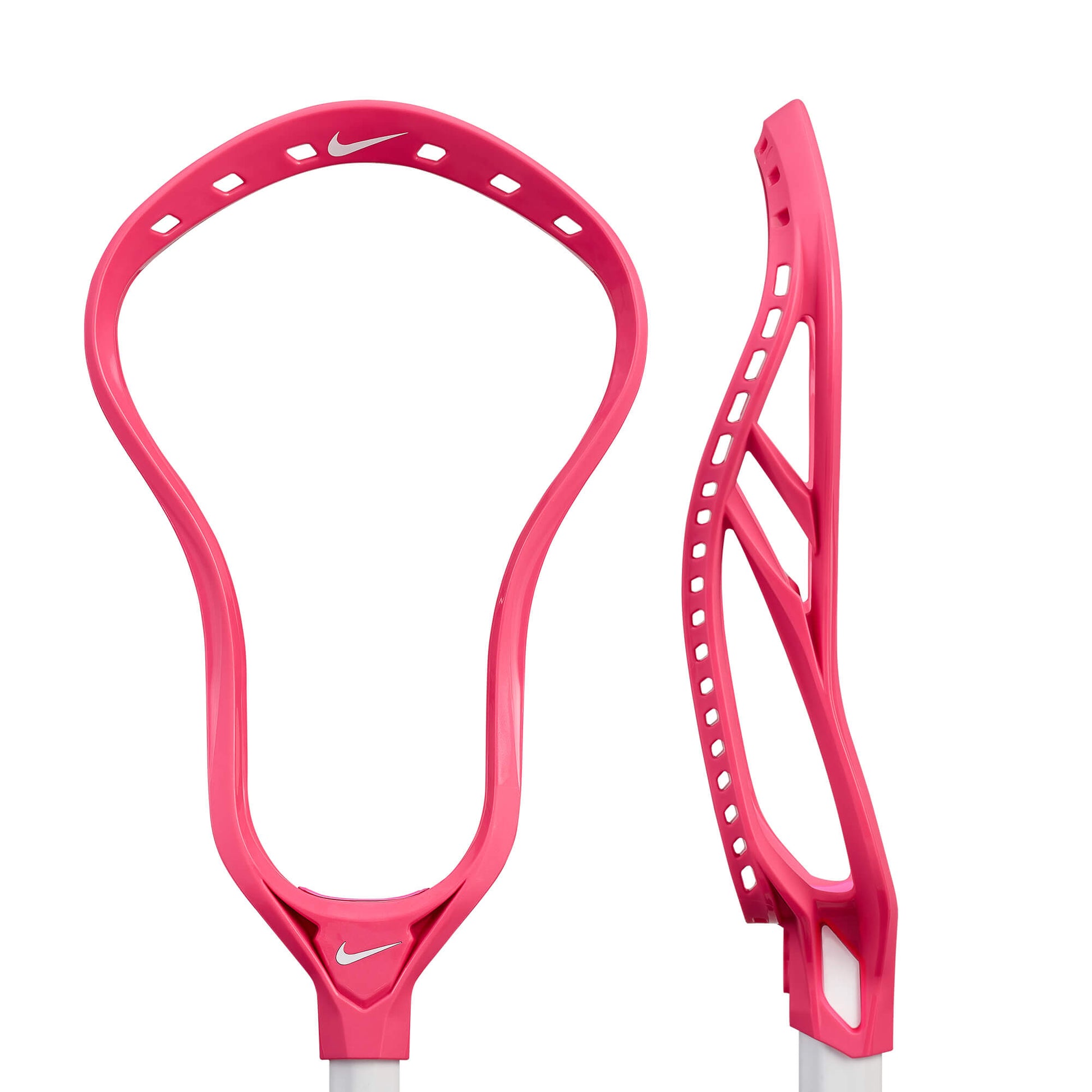 Front and side views of the pink Nike L4 Lacrosse Head by Nike, featuring the logo near the base—engineered for elite performance and ideal as an offensive lacrosse head.