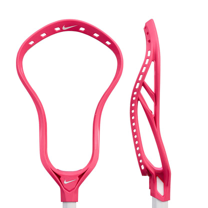 Front and side views of the pink Nike L4 Lacrosse Head by Nike, featuring the logo near the base—engineered for elite performance and ideal as an offensive lacrosse head.