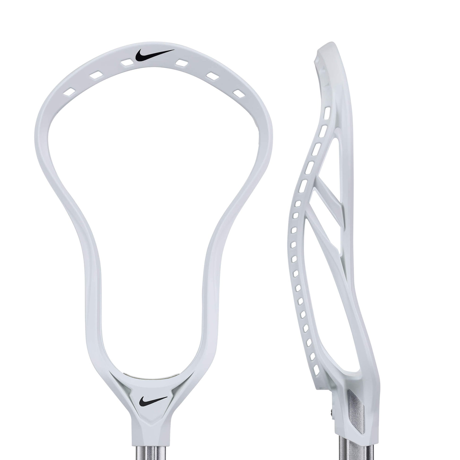 The Nike L4 Lacrosse Head features a front view with stringing holes and an oval shape, while the side profile shows its curved sidewall. Designed by Nike for elite offensive lacrosse performance.