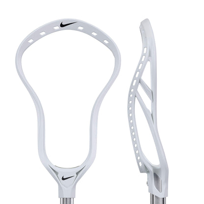 The Nike L4 Lacrosse Head features a front view with stringing holes and an oval shape, while the side profile shows its curved sidewall. Designed by Nike for elite offensive lacrosse performance.