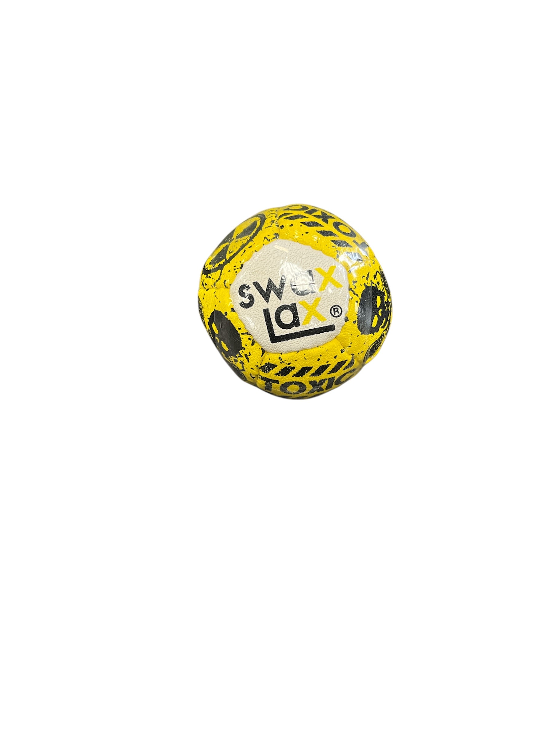 The SwaxLax Lacrosse Training Ball by Swaxlax is a yellow soft ball with black spots and the SwaxLax logo, ideal for indoor lacrosse practice and shown isolated on a white background.