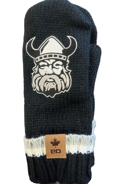 Black knit beanie with white lion logo and brand tag on a blurred background