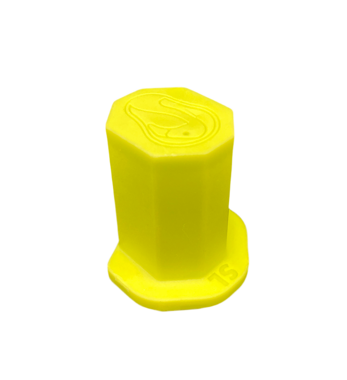 The Sanderson Lacrosse Signature Lacrosse Butt Ends feature a bright yellow, octagonal design with a flat base and embossed drop-logo—ideal for lacrosse specialty shops or as unique gifts. Shown against a plain white background.