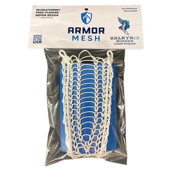 The Armor Mesh Valkyrie Runner by Armor Mesh is a women's field lacrosse stringing kit with white woven mesh, packaged over blue backing and sealed in clear plastic with branded labeling at the top.