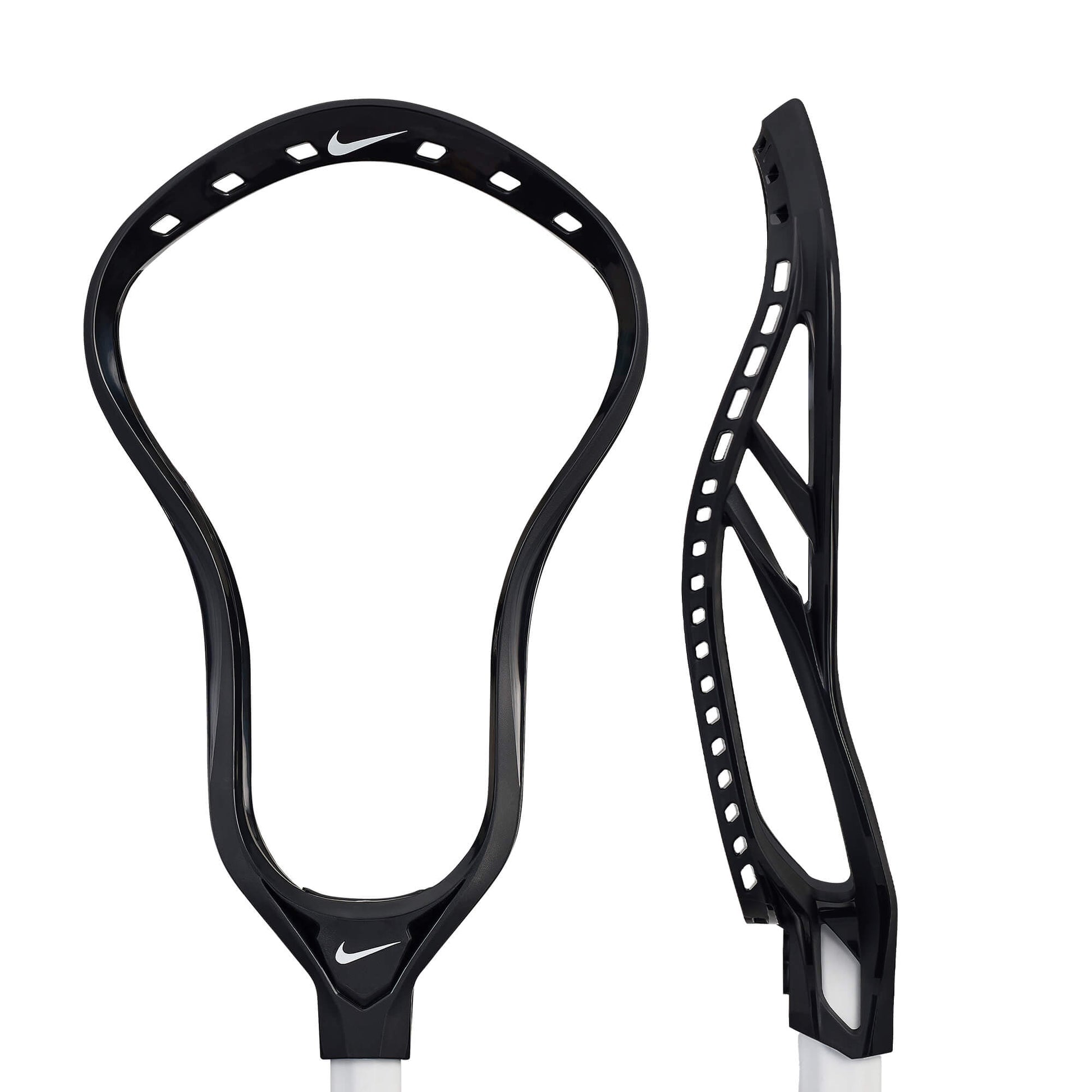 Two views of the Nike L4 Lacrosse Head by Nike: one shows its front, the other its angled side with string holes. The Nike logo at the base emphasizes its elite lacrosse performance.