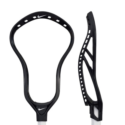Two views of the Nike L4 Lacrosse Head by Nike: one shows its front, the other its angled side with string holes. The Nike logo at the base emphasizes its elite lacrosse performance.