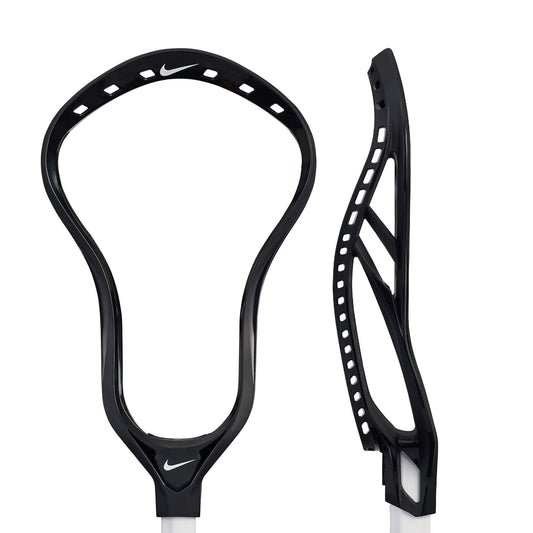 Two views of the Nike L4 Lacrosse Head by Nike: one shows its front, the other its angled side with string holes. The Nike logo at the base emphasizes its elite lacrosse performance.