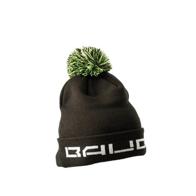 The Bauer Branded Knit Pom is a black winter toque with a green and white pom-pom and "BUILD" in bold white letters on the front cuff—ideal for keeping warm during cold hockey days.