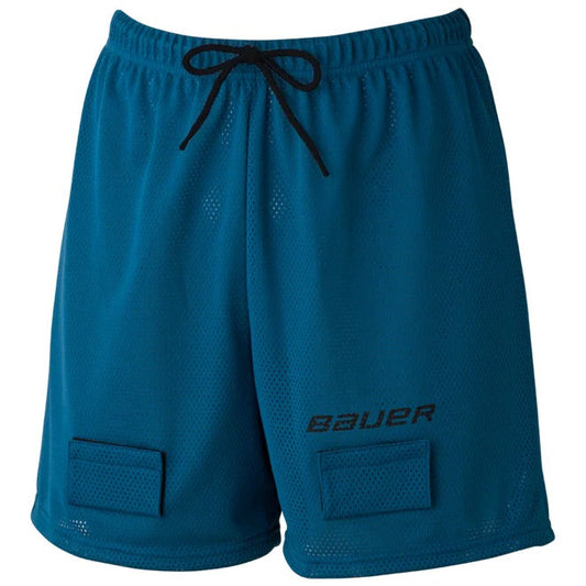 Bauer Girls' Mesh Jill Drawcord Athletic Shorts feature a black drawstring, two flap front pockets, pelvic protection, and "BAUER" on the left leg—perfect athletic shorts for active girls.