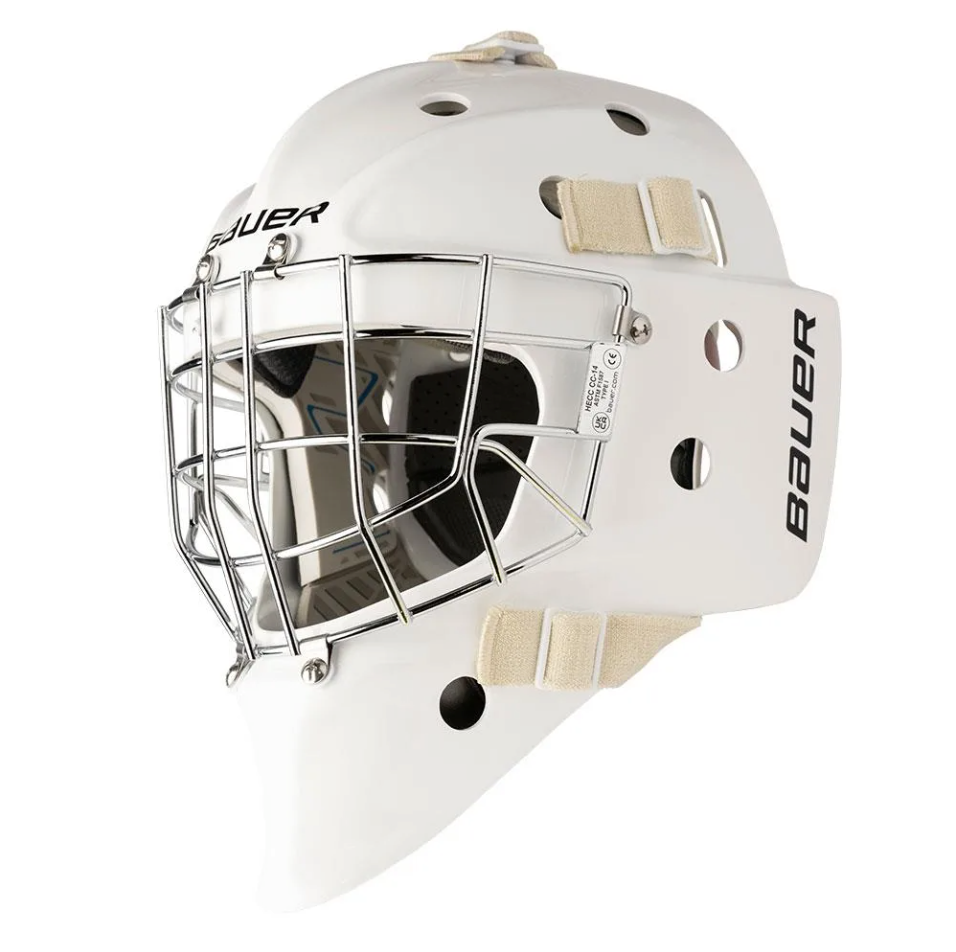 White hockey helmet with cage and Bauer branding on a white background