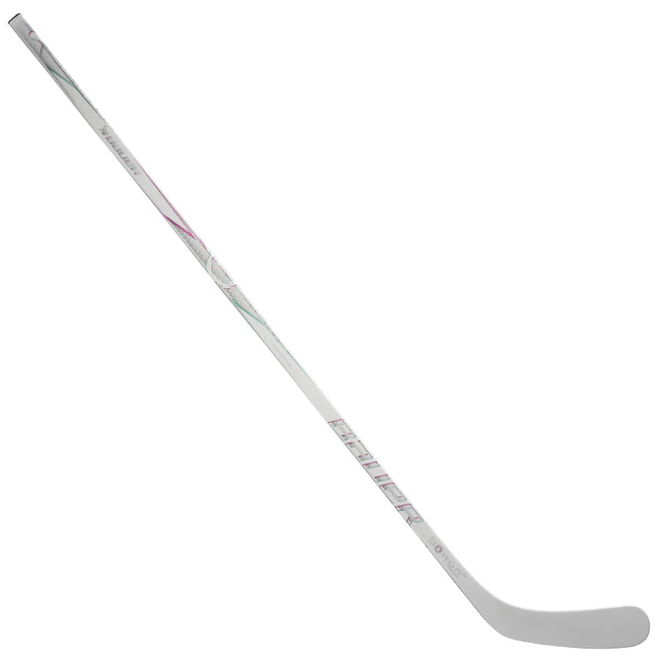 White hockey stick with black text on a white background