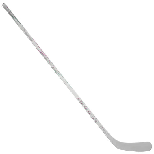 White hockey stick with black text on a white background