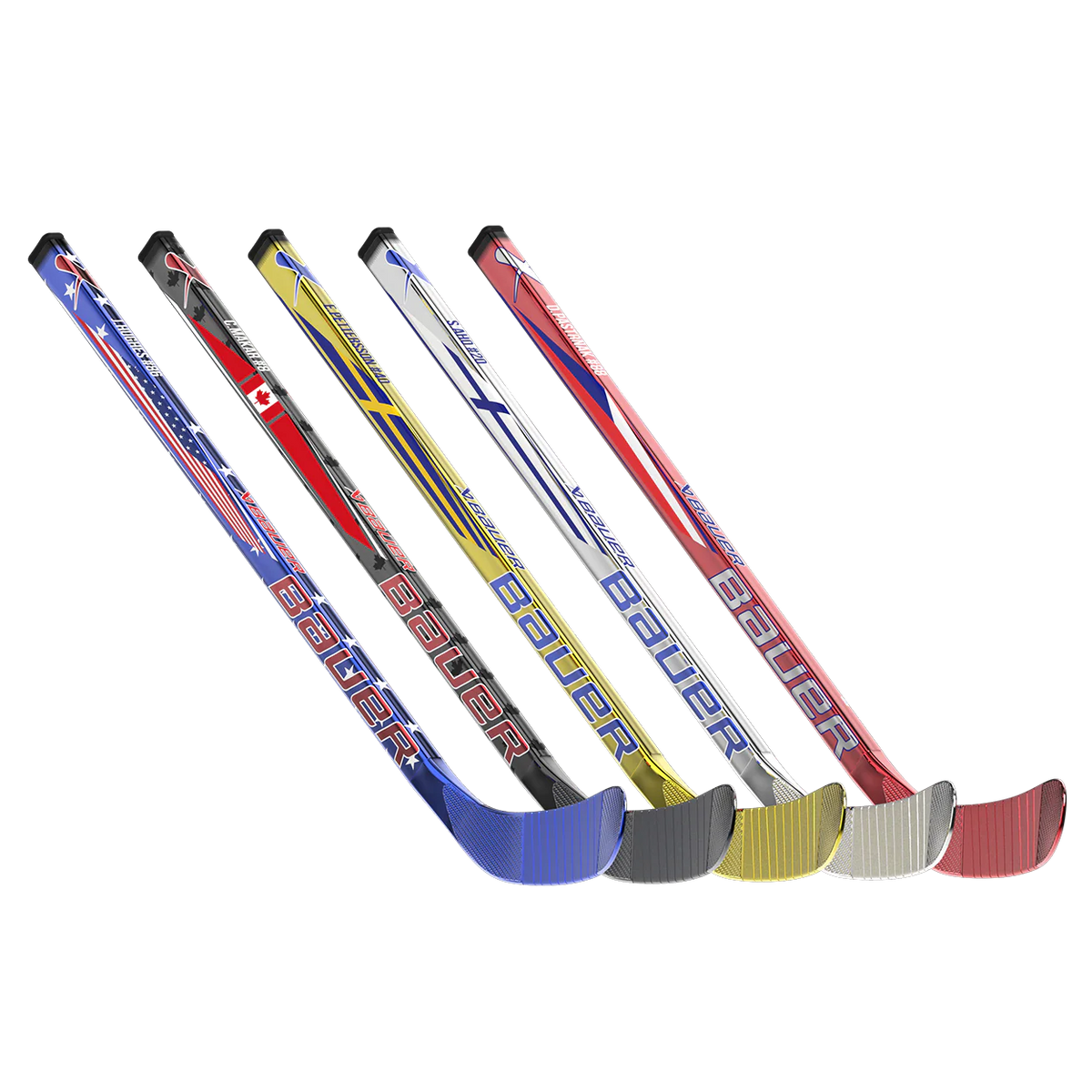 Five Bauer Mystery Minis® – International Series mini player sticks are arranged diagonally on a white background, each with unique blue, black, yellow, silver, and red designs and matching blades.