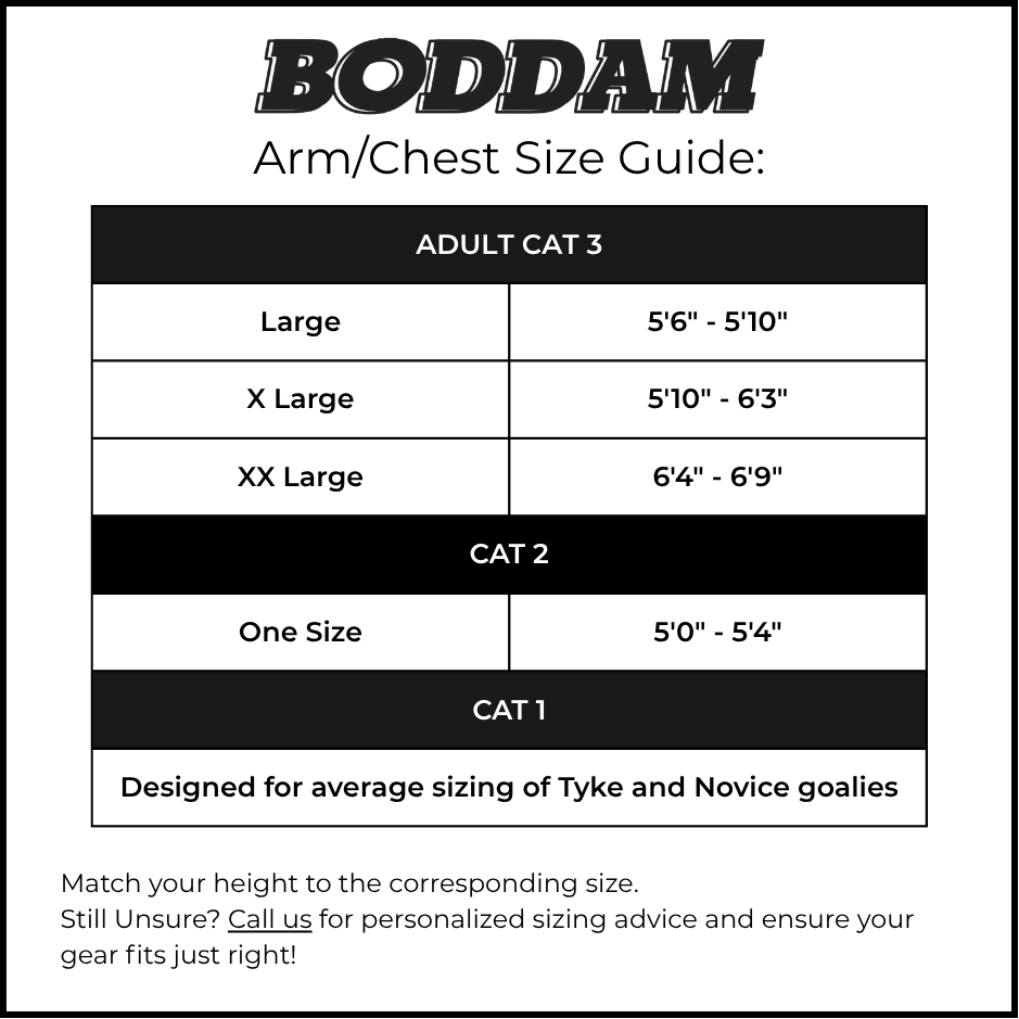 The Boddam Lacrosse Goalie Uppers Size Guide charts sizes and height ranges for adult, intermediate, and youth; includes tips for choosing the right fit and a link for custom advice. Get optimal protection with Boddam Chest & Arm Pads.
