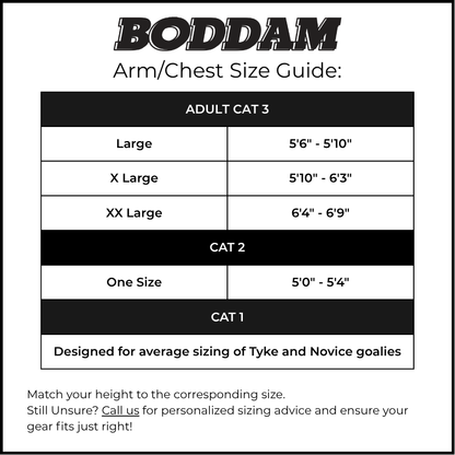 The Boddam Lacrosse Goalie Uppers Size Guide charts sizes and height ranges for adult, intermediate, and youth; includes tips for choosing the right fit and a link for custom advice. Get optimal protection with Boddam Chest & Arm Pads.
