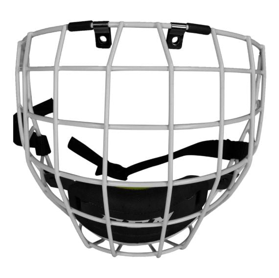 The CCM 580 Hockey Cage Mask by CCM is a white carbon-steel facemask with black adjustable straps and a padded chin guard, delivering top facial protection for hockey or lacrosse players.
