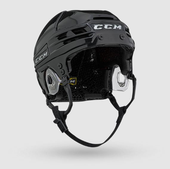 A black CCM Super Tacks X Helmet Senior by CCM, featuring a chin strap and shown from the front against a plain light gray background, designed for elite hockey protection.