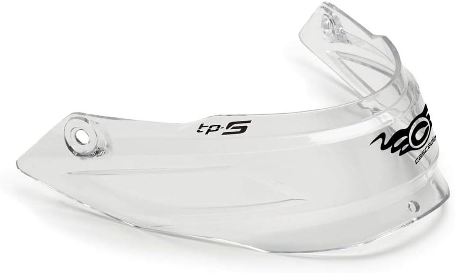 The Cascade TP-S Throat Piece is a clear, slightly curved, and reflective visor with two mounting holes and the Cascade logo on the front right side, resembling a lacrosse goalie throat protector.