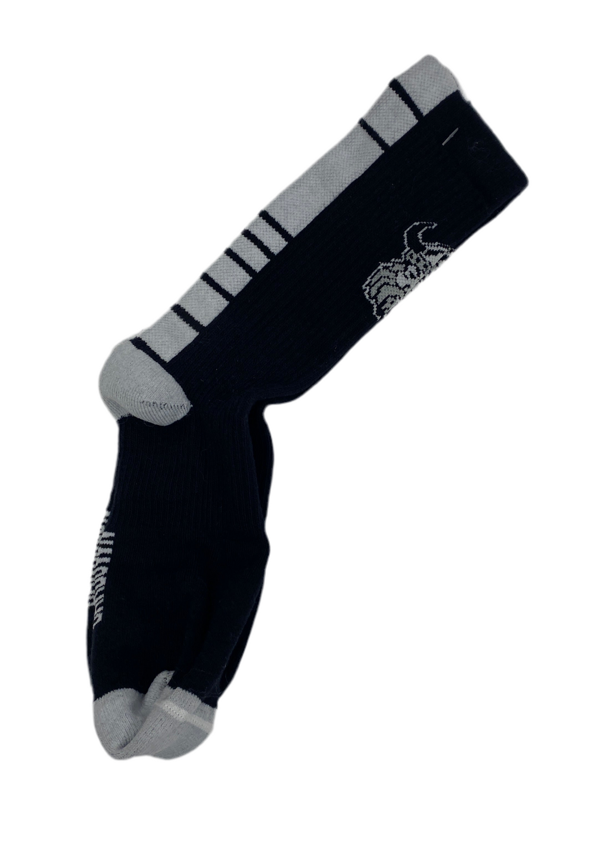 The Northmen Lacrosse Bardown Sock by Sanderson Lacrosse features a black and gray design with a graphic near the ankle, horizontal calf stripes, and gray heel and toe—a popular choice at our Canadian lacrosse shop.