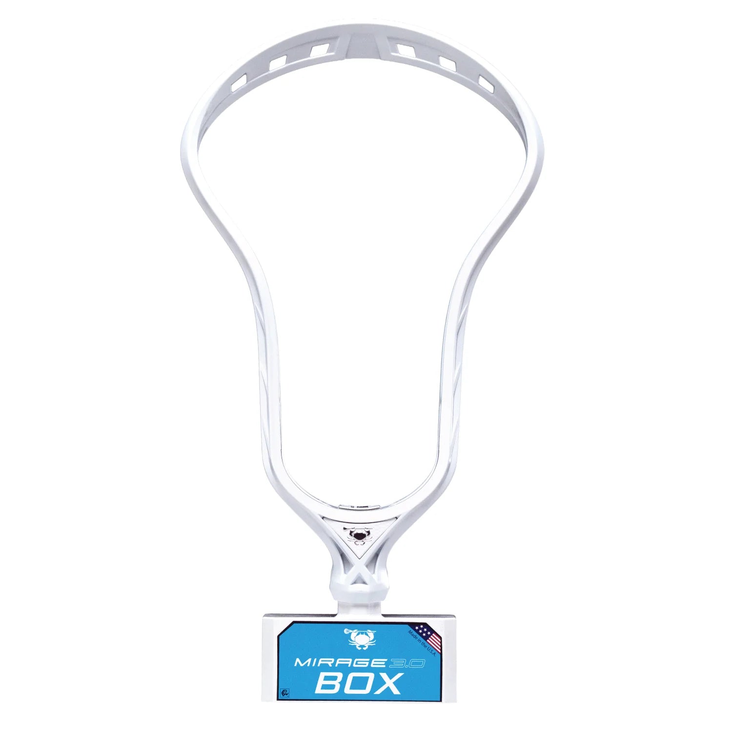 White lacrosse head with a brand label on a white background
