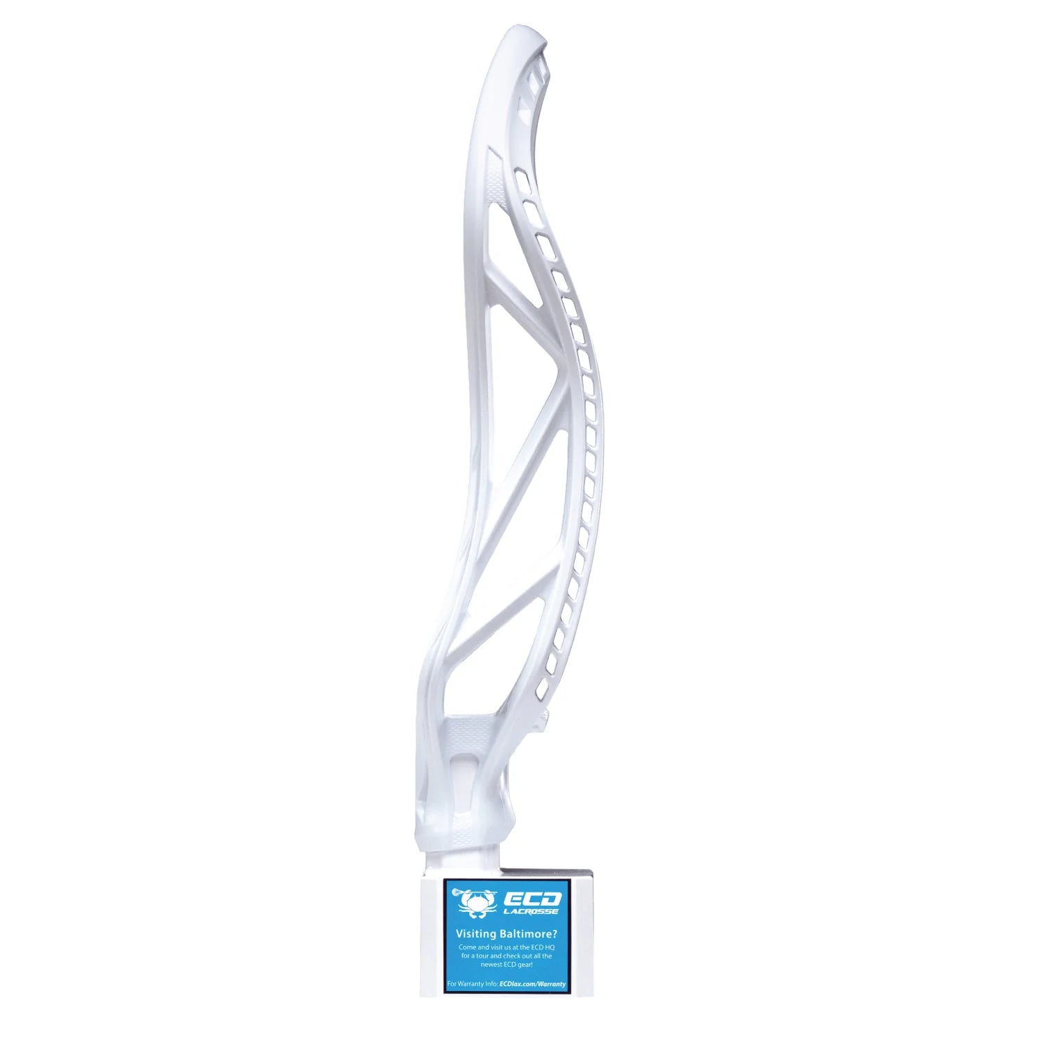 The ECD Mirage 3.0 Box Unstrung Lacrosse Head by ECD is a white, durable lacrosse head with an open sidewall design, displayed upright on a rectangular base with a blue ECO Lacrosse plaque against a plain white background.
