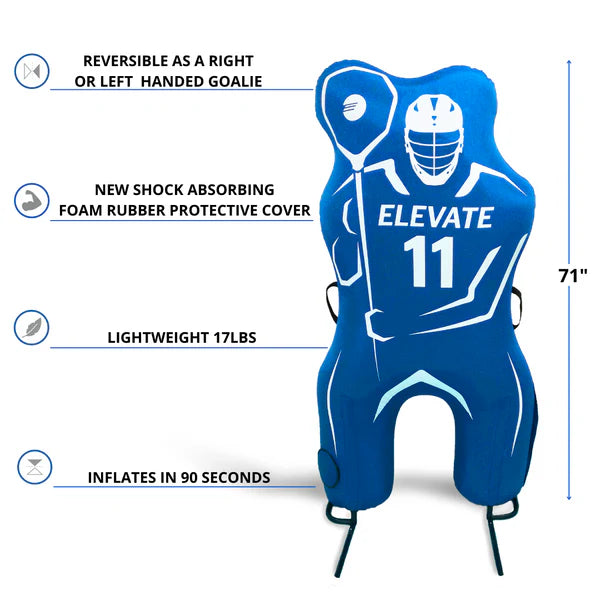 The Elevate 11th Man Goalie Pro by Elevate is a blue inflatable lacrosse goalie dummy (71" tall, 17 lbs) with a white player outline. Features include a reversible, shock-absorbing cover and quick inflation in 90 seconds—perfect for realistic training.