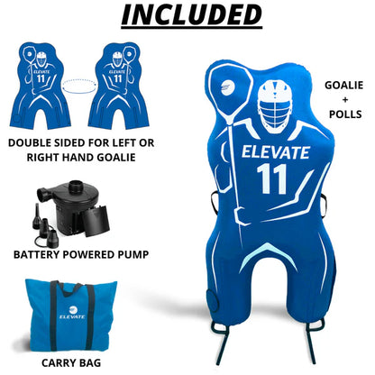 Image showing the Elevate 11th Man Goalie Pro kit by Elevate: blue inflatable goalie dummy, battery pump, blue carry bag, and diagram of its double-sided design—ideal for all lacrosse goalies’ training.