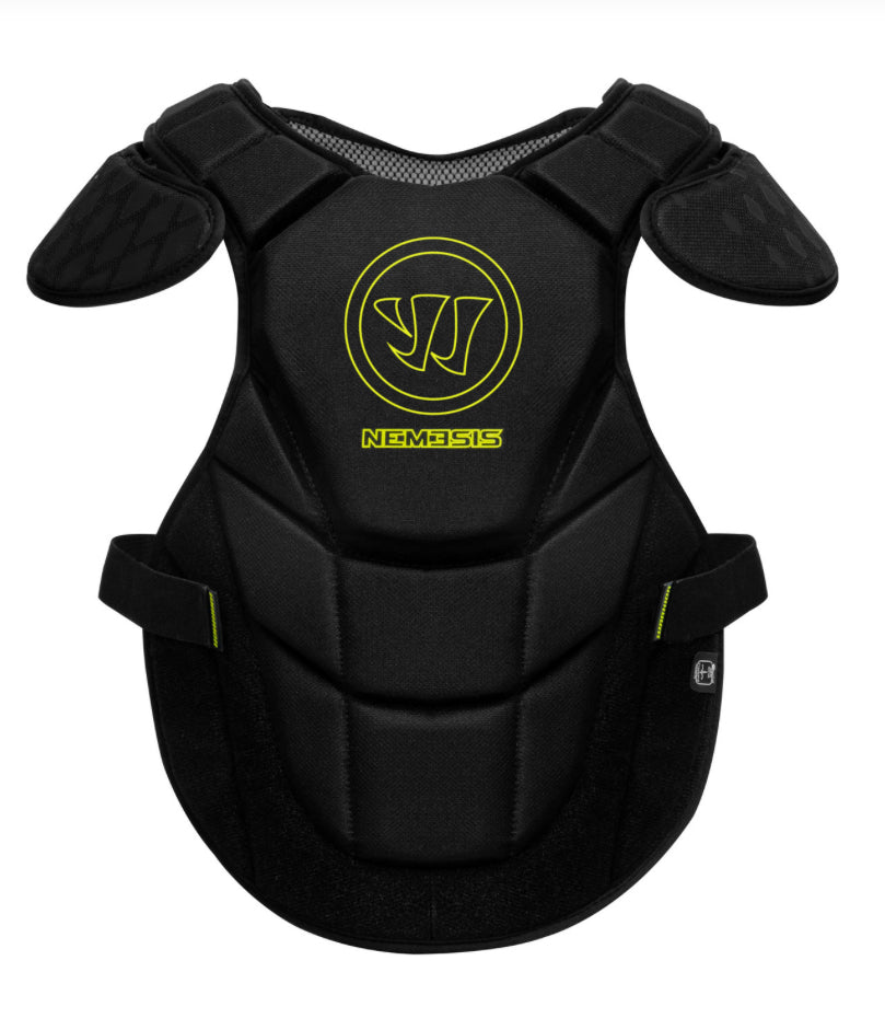 A black Sanderson Lacrosse Warrior Nemesis Chest Pad features padded lacrosse protection, shoulder guards, yellow stitching, a circular NEMESIS logo on the front, and adjustable side straps for a custom fit.