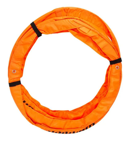 The Sanderson Lacrosse Warrior Portable Lacrosse Crease is a bright orange, circular padded cover with black straps, perfect for marking a temporary lacrosse crease or field lines and protecting equipment.