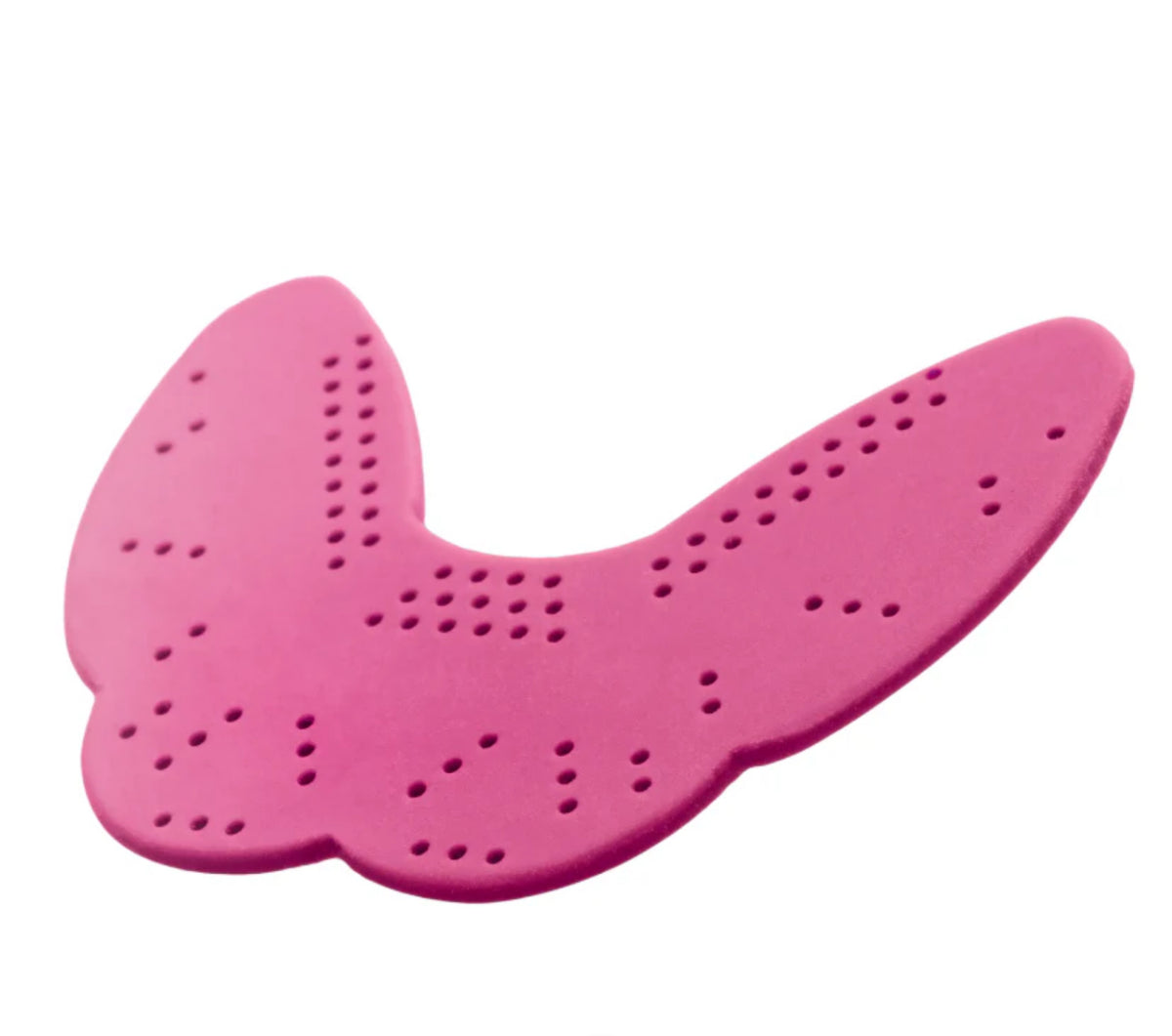 The Sanderson Lacrosse CCM SISU Aero Mouth Guard is a pink, butterfly-shaped silicone mouthguard with small perforated holes across its surface, shown on a white background.