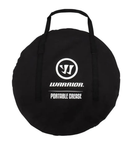 A black, round carrying case with handles from Sanderson Lacrosse, featuring the Warrior Portable Lacrosse Crease logo in white—perfect for transporting your crease and enabling quick setup of temporary field lines.