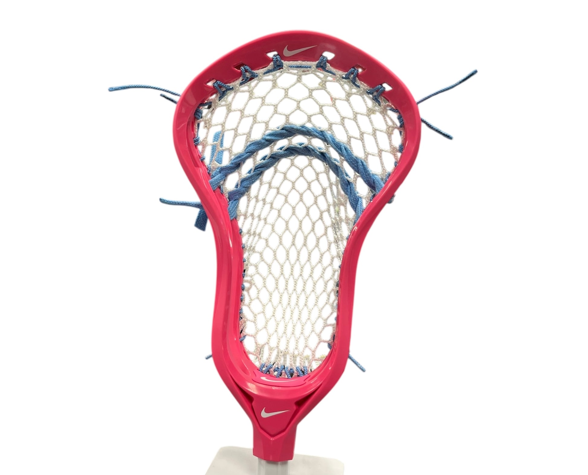 An upright Nike L4 Pink Lacrosse Head, pre-strung with StringKing Type 5S Mesh and blue strings for enhanced ball control, is shown close-up against a white background.