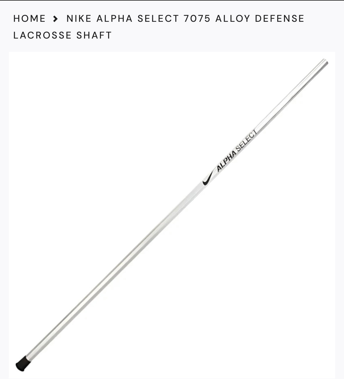 The Nike Alpha Select 60” Alloy Shaft (Long Pole) is a silver lacrosse defense shaft featuring a black Nike logo and text, displayed diagonally on a white background.