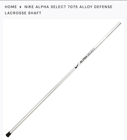 The Nike Alpha Select 60” Alloy Shaft (Long Pole) is a silver lacrosse defense shaft featuring a black Nike logo and text, displayed diagonally on a white background.
