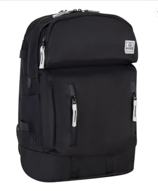 The Sanderson Lacrosse Warrior Q10 Jet Pack Backpack features multiple zippered compartments, white zipper accents, a small rectangular logo patch on the front top pocket, and a sturdy design for versatile gear storage.