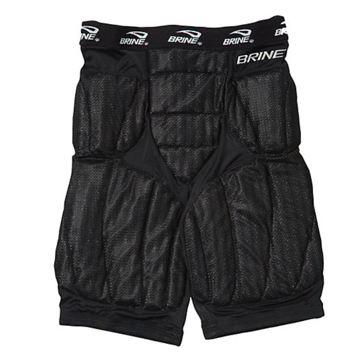 Black padded Brine Ventilator Goalie Lacrosse Pants from Sanderson Lacrosse feature beaded foam tech for superior impact protection and comfort, shown against a white background.