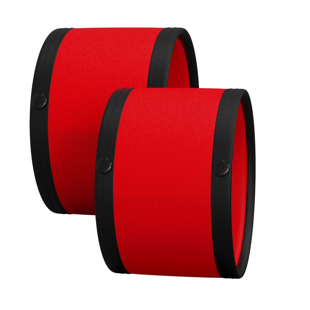 Two GCA Ice Hockey Linesman Armbands Referee by Great Call Athletics, featuring bright red centers and black edges, stand upright against a white background, resembling cylindrical foam rollers.