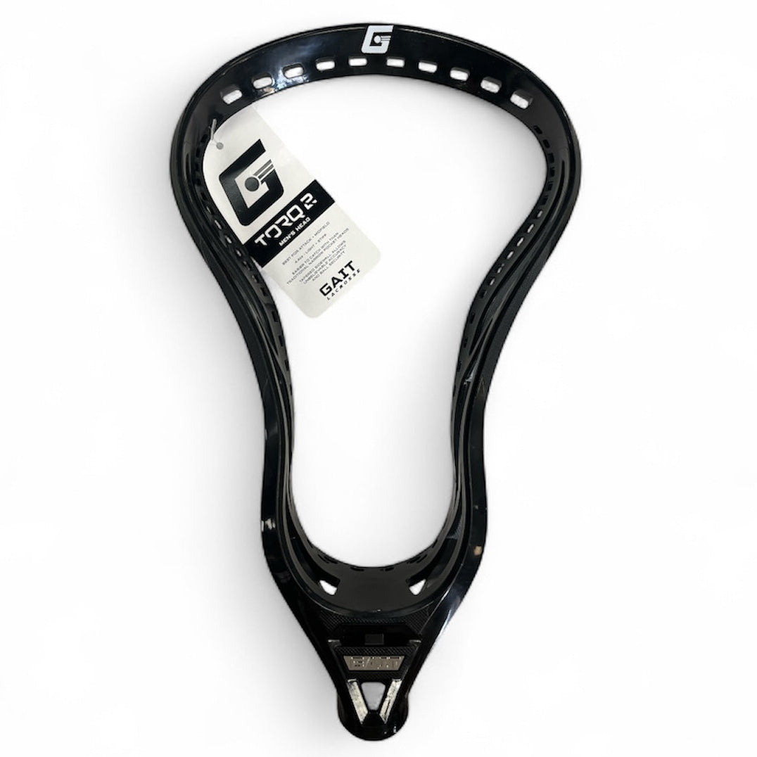 Black lacrosse head with a white center on a white background