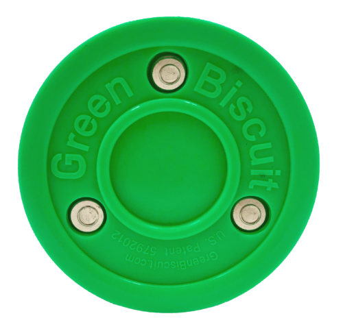 The Green Biscuit NHL Pucks - Green by Green Biscuit is a durable, green circular puck with embossed text and three metal screws—an essential training tool for hockey players.