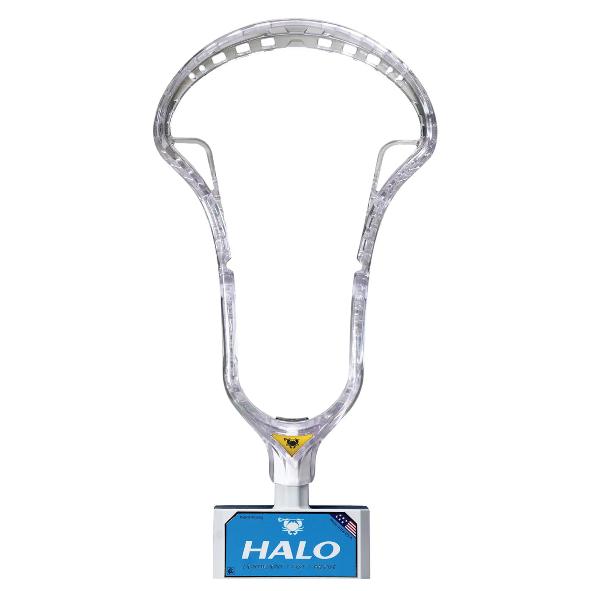 The ECD Halo Women’s Field Lacrosse Head by ECD, made from Diamond Plastic, stands upright on a HALO-labeled stand with an American flag and wolf logo, all displayed against a plain white background.