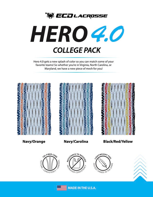 Three samples of ECD Hero 4.0 Mesh in college colors—navy/orange, navy/Carolina blue, and black/red/yellow—are displayed above the product features, with a USA flag icon at the bottom.