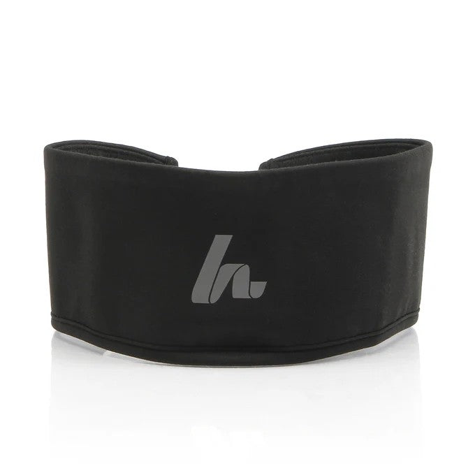 A black fabric headband with a gray stylized h logo on the front, shown against a white background—ideal for pairing with your Howies Flexprotect Neck Guard.