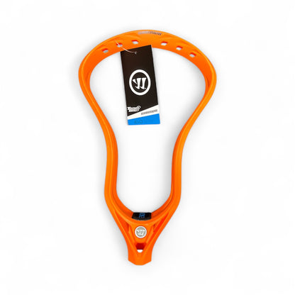 The Warrior Evo QX2-O Lacrosse Head by Warrior is an orange lacrosse head for midfielders, made with Therma-Loc+ thermoplastic resin. It features a black and white tag at the top and is shown on a white background.