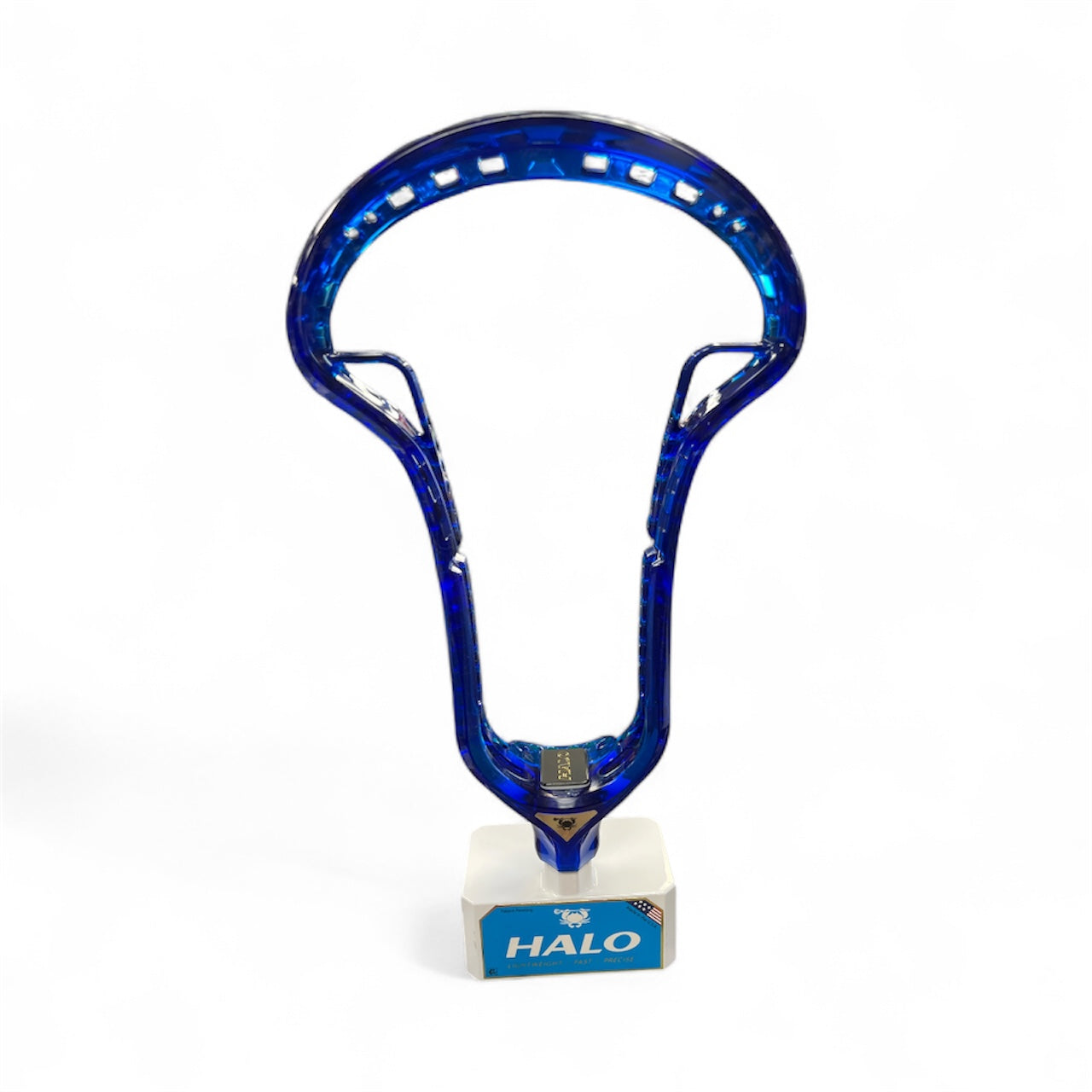 The ECD Halo Women’s Field Lacrosse Head by ECD, shown upright on a white HALO stand, features blue and white colors with elite Diamond Plastic control, set against a plain white background.