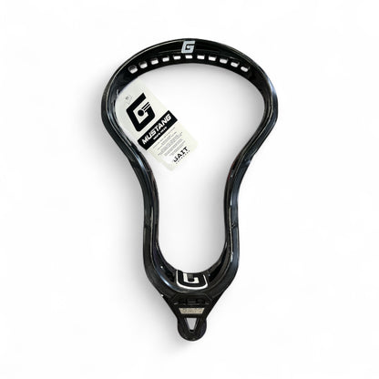 The Gait Mustang Lacrosse Head in black is shown with its manufacturer's tag, branded "Gait" and "Mustang," displayed against a white background to highlight its exceptional ball control.